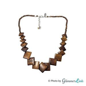 Signed NY Wood Beaded Geometric Necklace Brown Silver Tone Adjustable